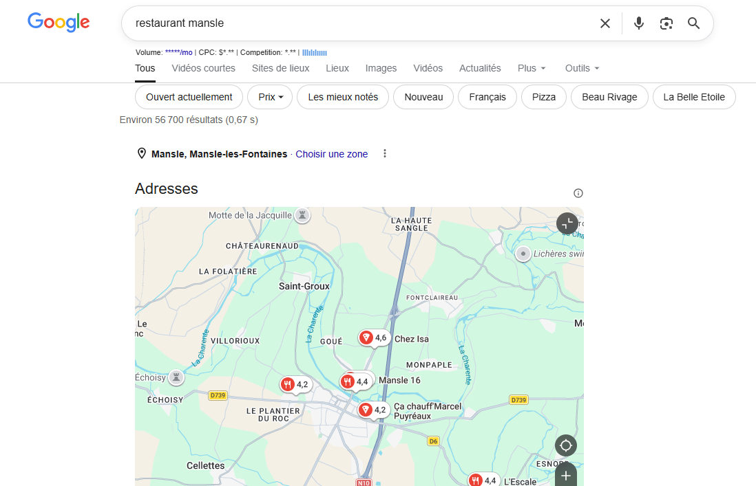 exemple de fiche établissement sur les restaurants à mansle google